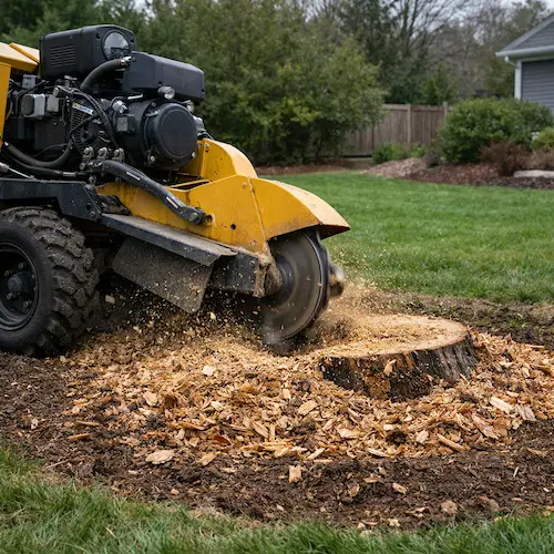 Stump grinder at work in a Waterbury backyard